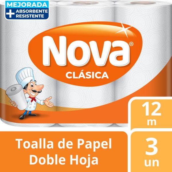 Toalla de Papel Nova Clásica Doble Hoja 12 mts 3 unidades.